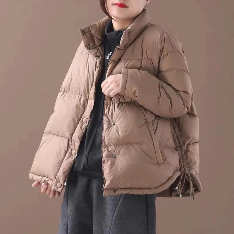 2021 New Women's Winter Casual Loose Drawstring White Duck Down Stand Collar Singel Breasted Casual All Match Warm Jacket