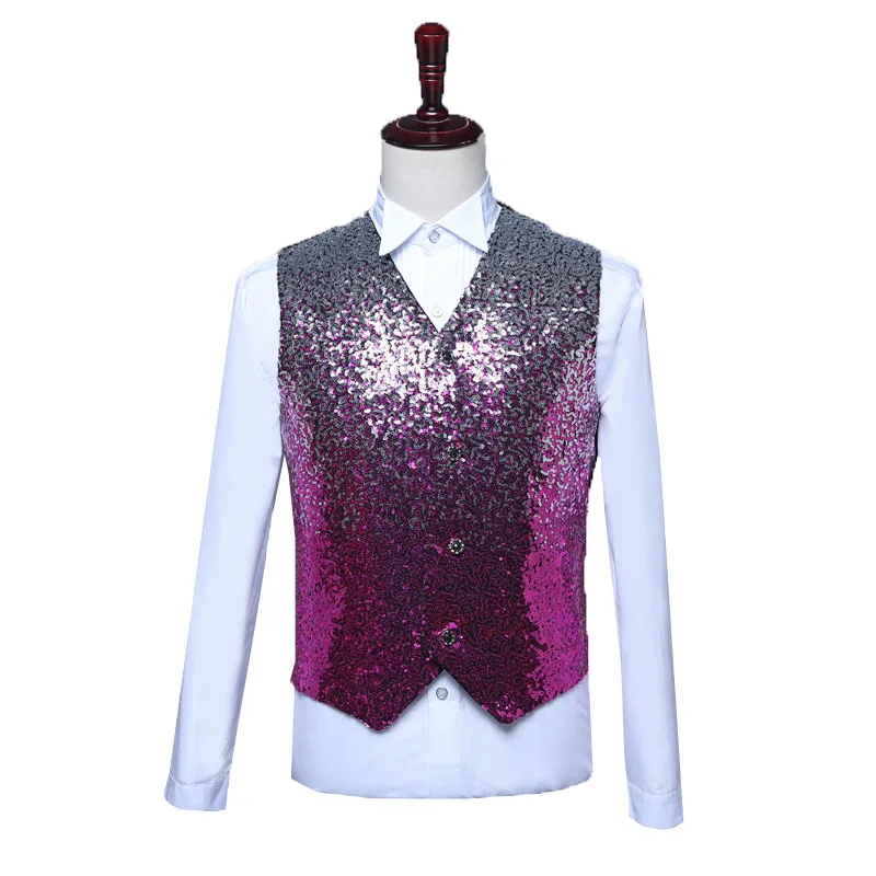 Mens Slim Fit Sequins Paillette Vests V-Neck Shiny Party Dress Suit Vest Men DJ Club Stage Singer Vest Waistcoat Gilet Homme 3XL