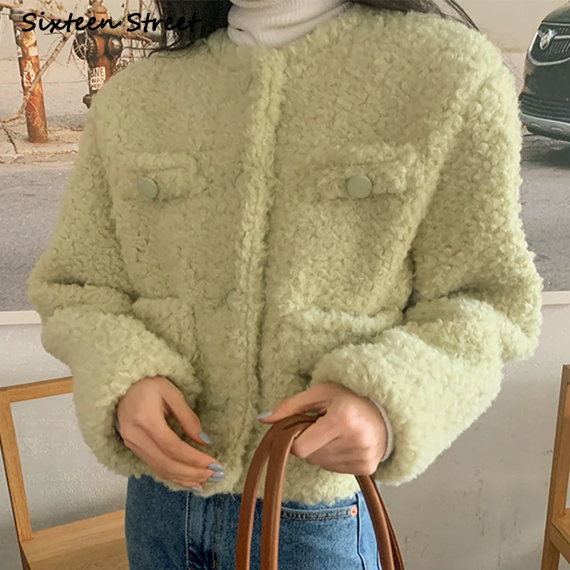 

Jackets for Women Autumn Winter Korean Fashion Clothing Chic Light Green Button Loose Warm Short Coat Dropshipping Y2k Jacket