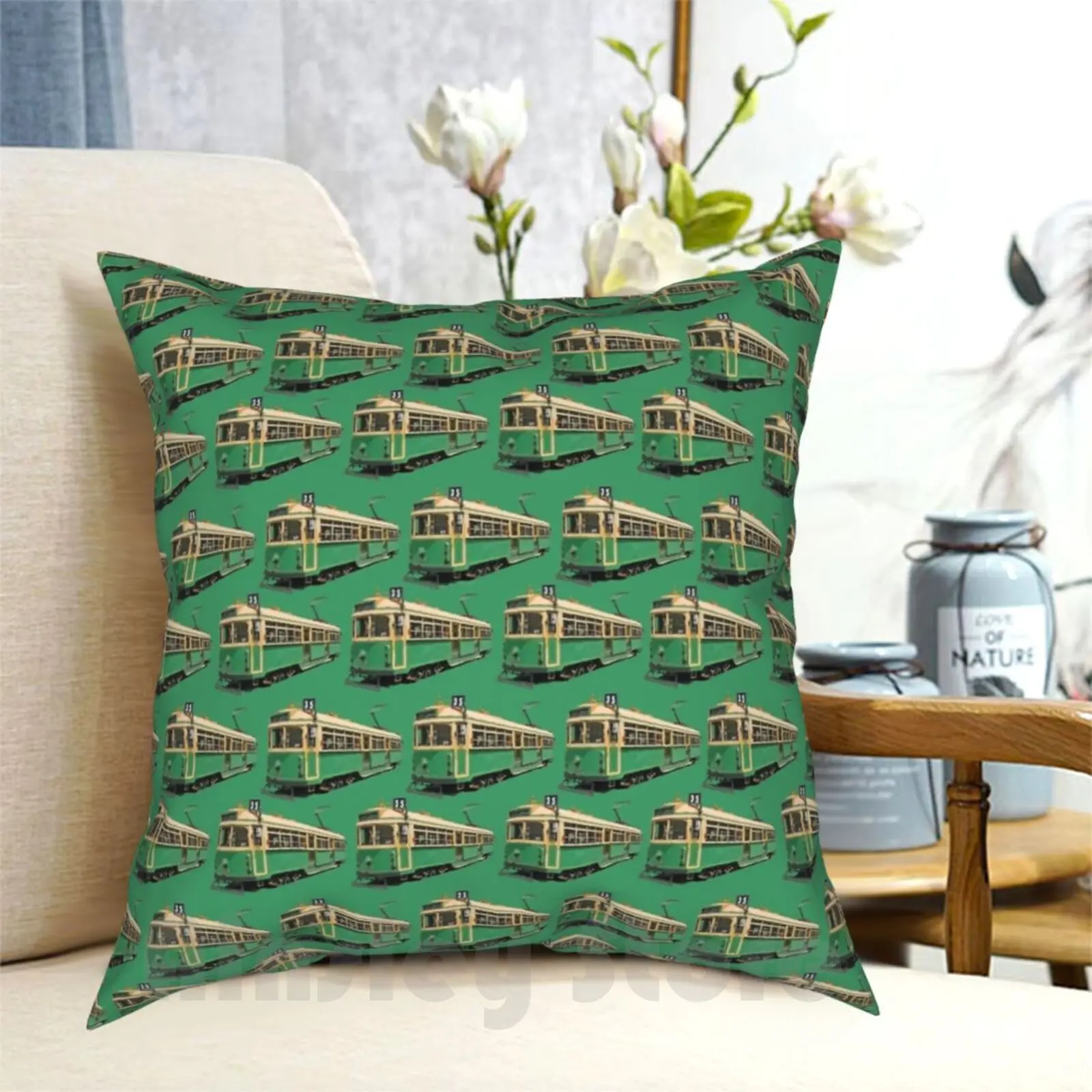 Melbourne W Class Tram Pillow Case Printed Home Soft DIY Pillow cover Melbourne Tram Pattern W Class Green Retro Historic