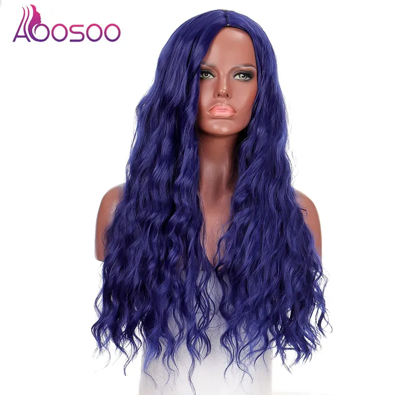 AOOSOO Long Blue Synthetic Hair Wig Black Female Natural Wave Shape High Temperature Resistant fiber wig Cosplay Party daily wig