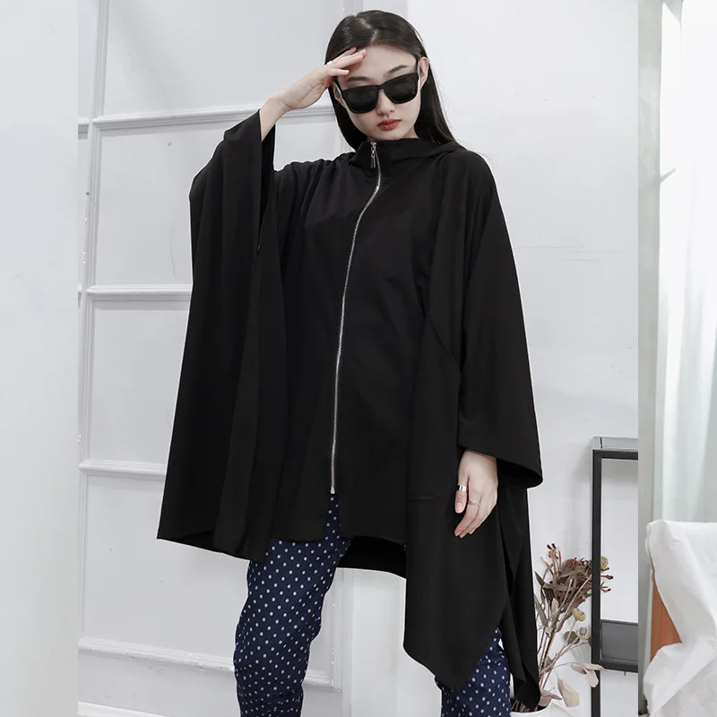 Ladies Hooded Coat Spring And Autumn New Hip Hop High Street Bat Sleeve Cape Day Casual Loose Large Coat