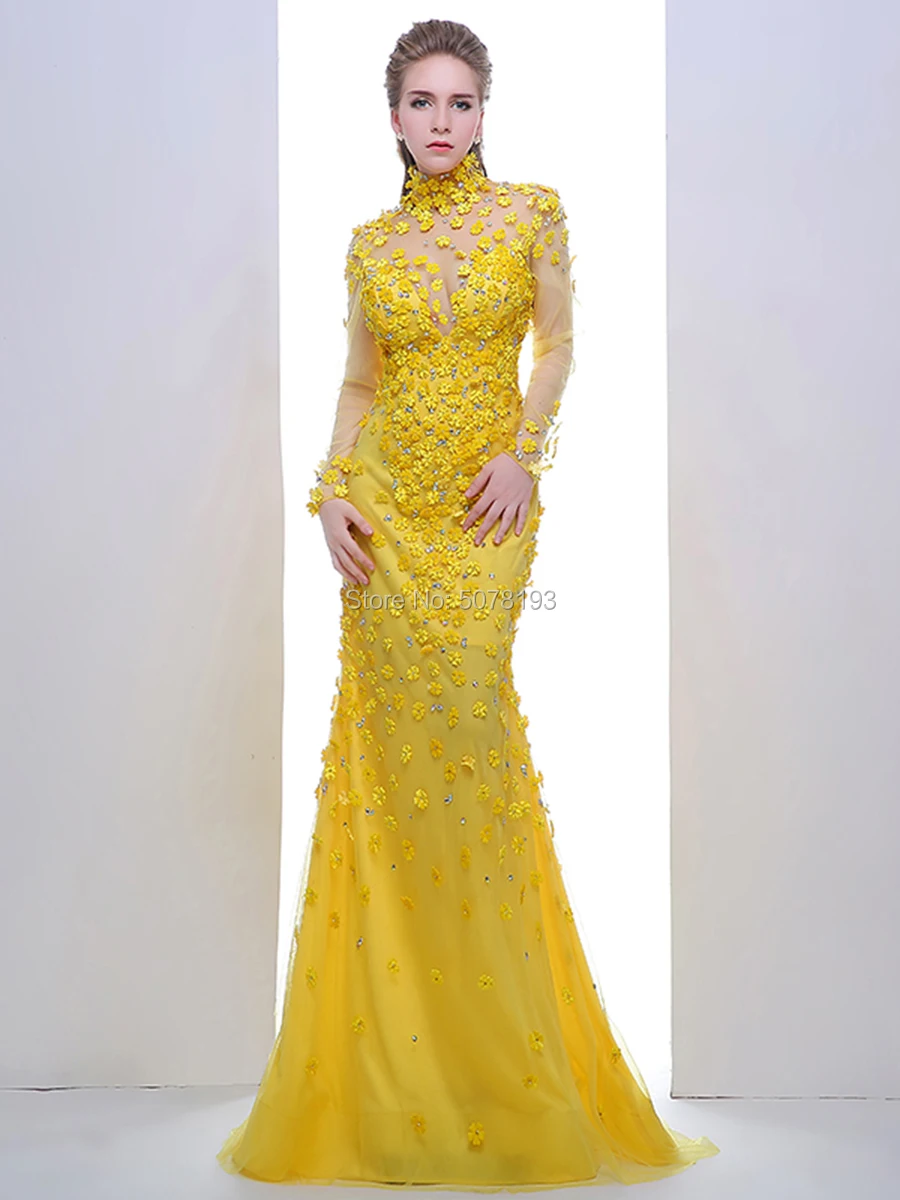 7204 yellow high full sleeves natural mermaid/trumpet floor-length long tulle&chiffon Evening dresses/Formal Gowns flowers&bead