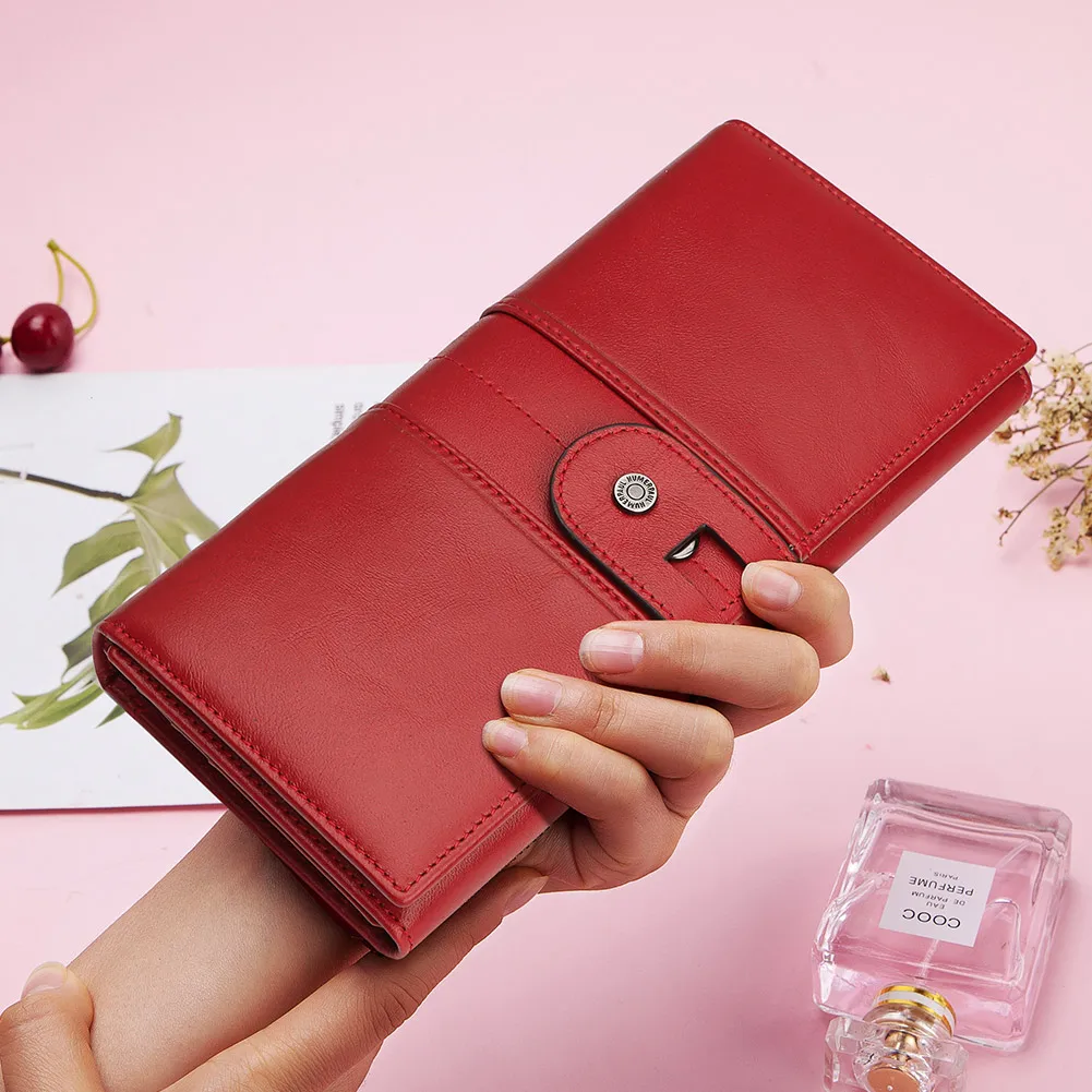 Genuine Leather Wallets Women Long Hasp Rfid Card Holder High Quality Ladies Red Coin Purse With Cellphone Pocket Portfel Damski