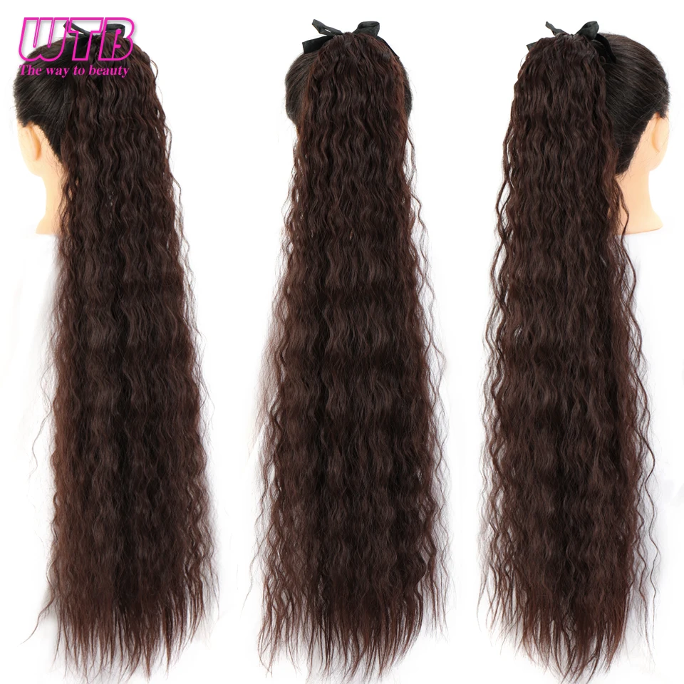 WTB Synthetic Long Corn Wavy Ponytail Natural Drawstring Ribbon Fake Hair Black Pony Tail Clip In Extensions Women Hairpieces