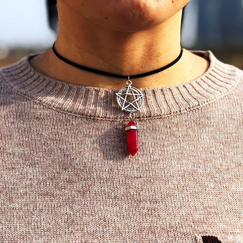 Gothic Reiki  Necklace for Women Female Pentagram Pendants Velvet Rope Blood Crystal Punk Choker Chains Jewelry Gifts VGN055