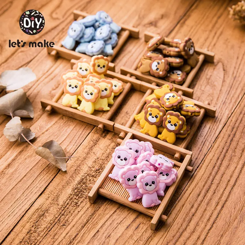 LET'S MAKE – Lot d'anneaux de dentition en forme de lion pour bébé,jouets pour le développement dentaire, perles en silicone, clip attache-tétine, de qualité alimentaire, à thème dessin animé, DIY, 5 pièces,