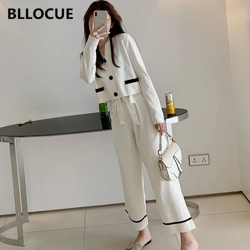 BLLOCUE 2020 Autumn Women Knitted Pants Set Sweaters 2pcs Suits Long Sleeve Single-breasted Cardigan Top+Wide-leg Trousers Set