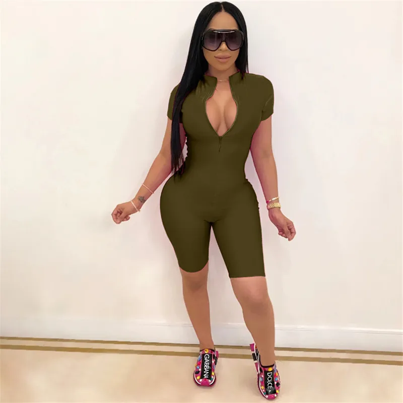 Casual Sporty Active Wear Playsuit Biker Shorts Women Short Sleeve Skinny Rompers Womens Jumpsuit Zip Up Elastic Party Bodysuit