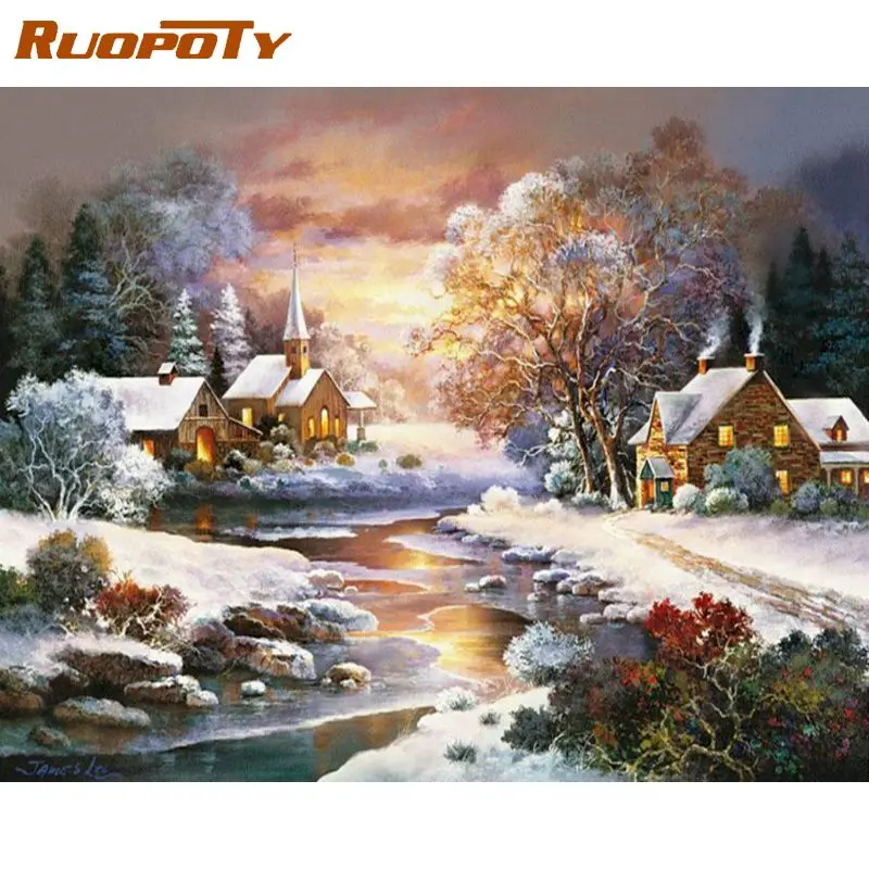 RUOPOTY  Pictures By Numbers Kits For Kids Christmas Sunset In Winter Scenery Painting By Number Framed Home Wall Decor Artwork