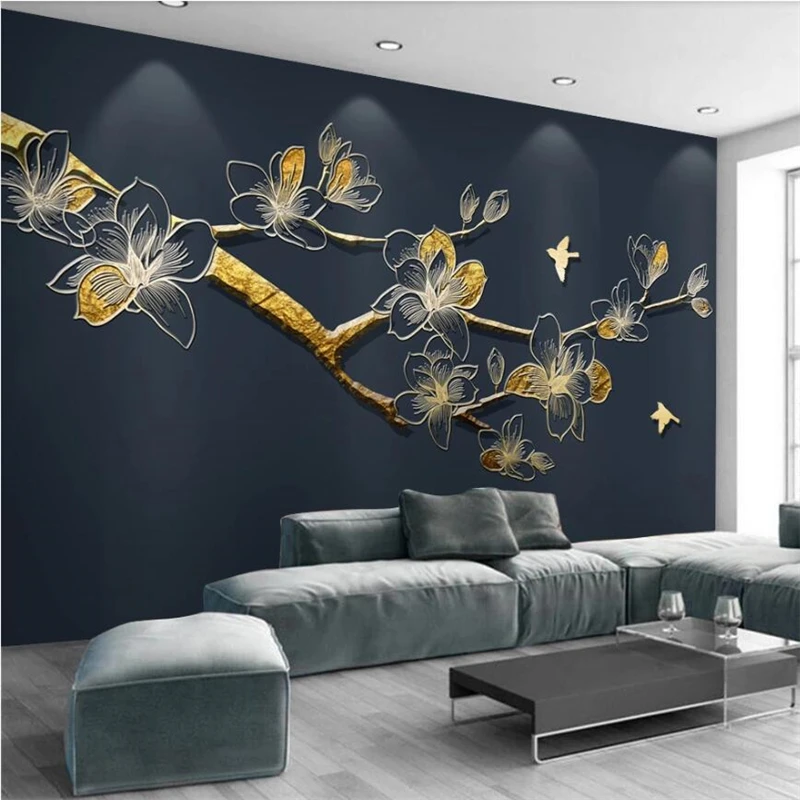 

wellyu Customized large mural new Chinese modern minimalist golden embossed line magnolia branch TV background wall