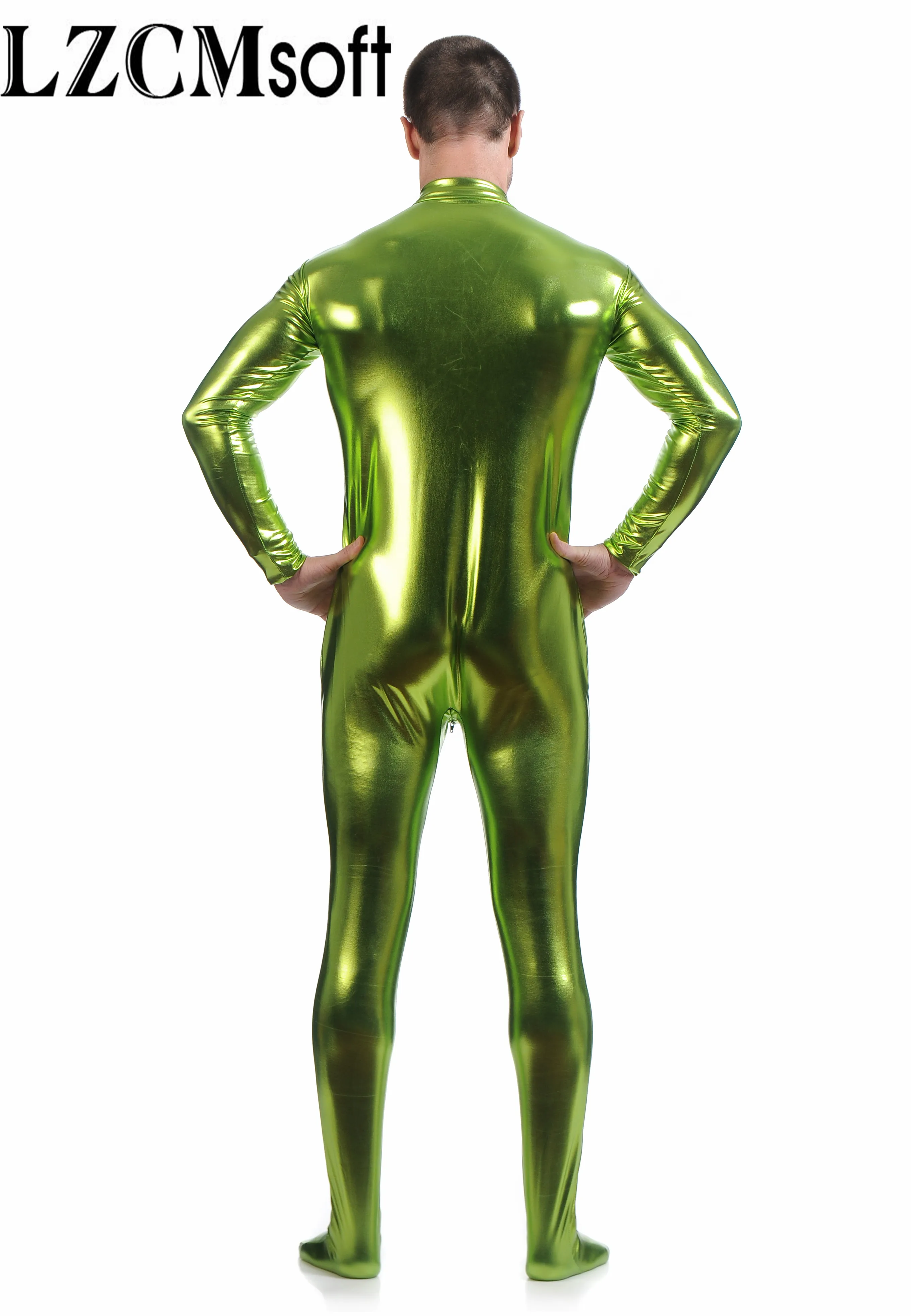 LZCMsoftชายShiny Zentaiไม่มีหัวผู้ใหญ่MockคอOne Piece Skin Tights Zentai Bodysuitsเป้าซิป