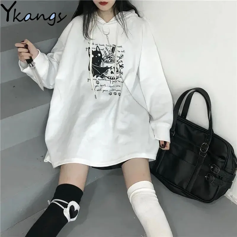 

Printed Y2k Long Hoodies Women Thickening Streetwear Kawaii Cartoon Harajuku Pullover Korean Goth Graphic Sweatshirt with Chain