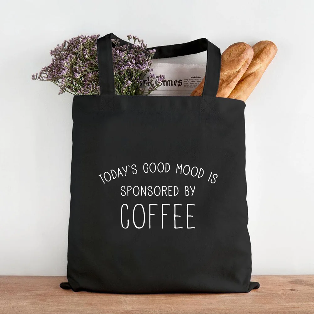 First Coffee Printing Canvas Shopping Black Bags Mom Life Women Shoulder Cloth Bags Reusable Shopper Teacher Student Book Bags