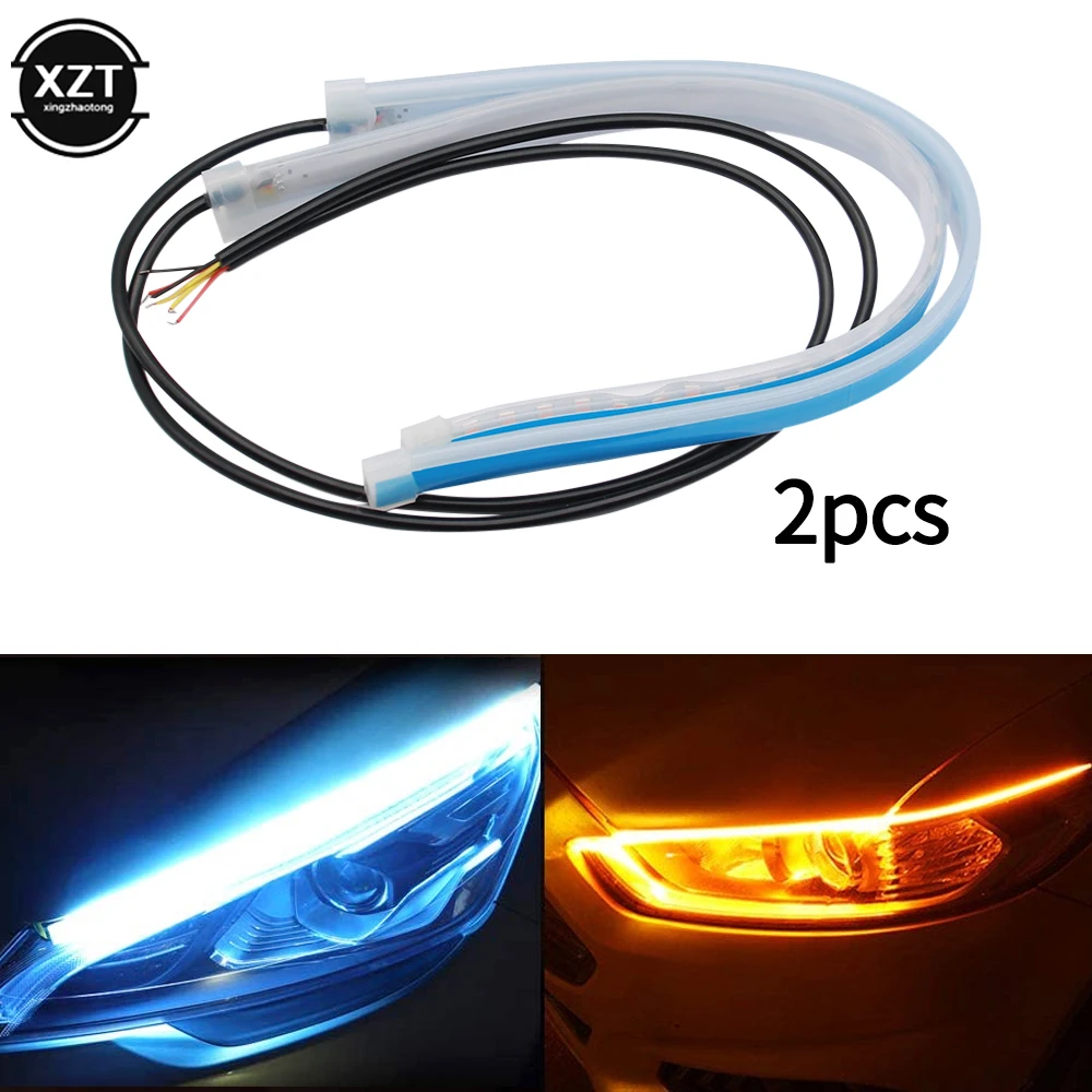 2pcs Car LED DRL Ultra-thin Daytime Running Lights Flexible Waterproof Car Turn Signal Yellow Brake Side Light Auto Accessories