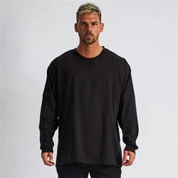 Mens Loose Oversized Fit Long Sleeve T-shirt With Dropped Shoulder Retro Fitness T Shirt Autumn Gym Bodybuilding Tops Tees