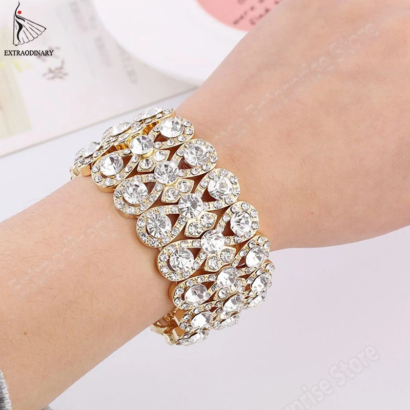 Belly Dance Accessories Gold Silver Women Rhinestone Stretching Bangle Upper Arm Cuff Party Bracelet Jewelry