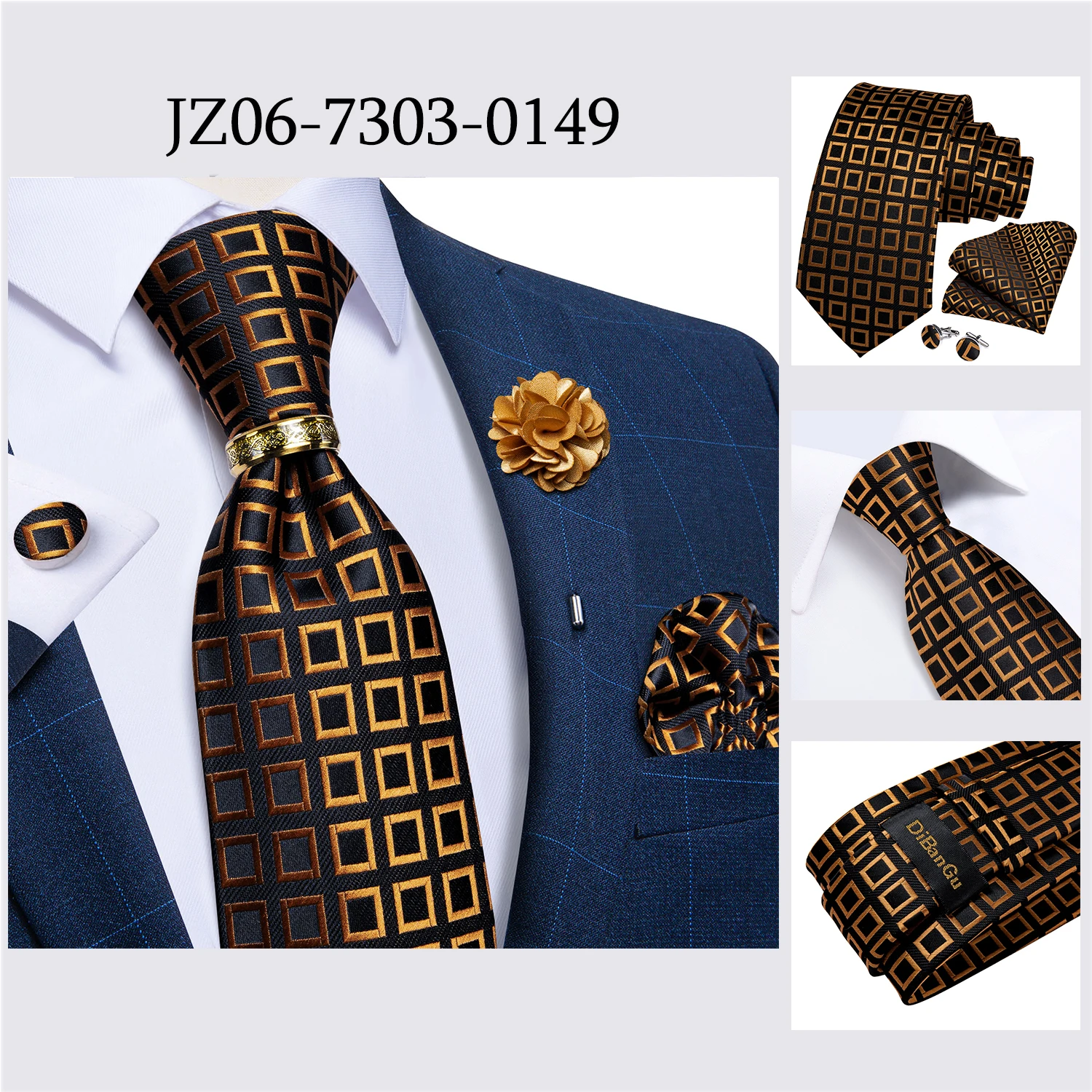 Handgefertigte Paisley-Blumen-Krawatte in Königsblau für Herren, klassische 8 cm breite gewebte Jacquard-Krawatte mit Einstecktuch, Manschettenknöpfen und Brosche – Detail 36
