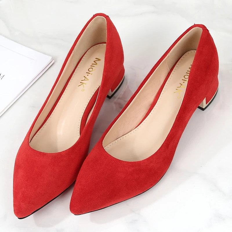 New Women\'s Elegant Casual Office Red Black Shoes Ladies Thick Heel Woman Slip-on Pointed Toe Fashion Dress Party Pumps F0001