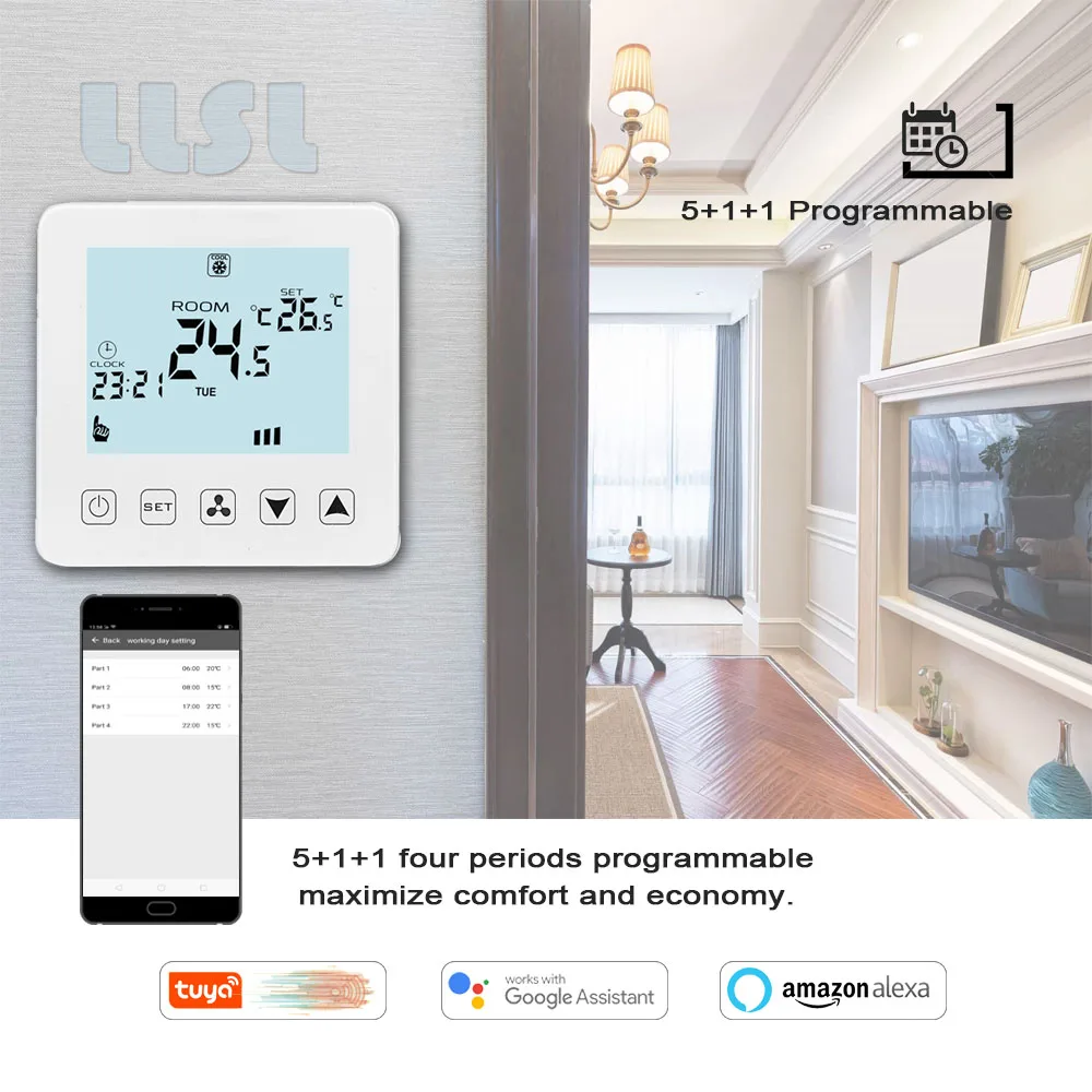 Tuya wifi 2p/4p مروحة لفائف ترموستات منظم درجة الحرارة التلقائي الساخن والبارد يعمل مع أليكسا جوجل الرئيسية