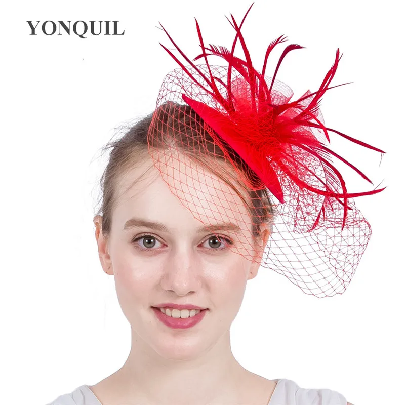 Elegant Ladies Kentucky Fascinators with Feather Mesh Flower Headpiece Occasion Cocktail Hats Wedding Hair Accessories