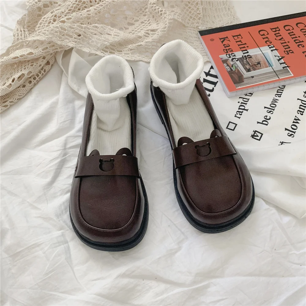 Lolita Bear Jk Uniform Shoes Japanese Cute Flat Round Retro College Loli Girls Jk Shoes Bear Brown/black Student Kawaii Shoes L