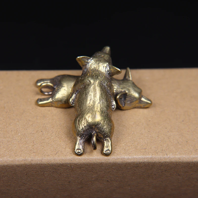 Pure Brass Cute Corgi Dog Key Chain Pendant Vintage Metal Copper Zodaic Animal Sleeping Puppy Figurines Keychain Hanging Jewelry