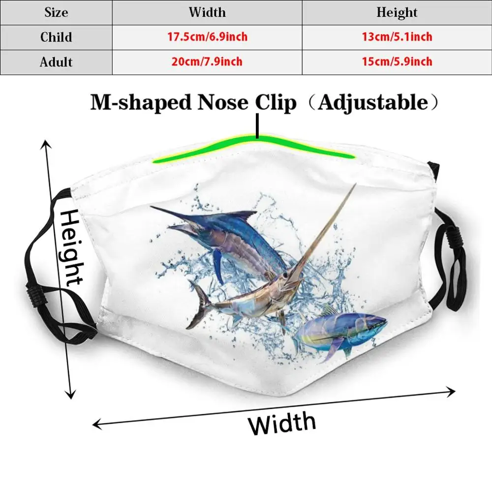 Blue Marlin pesce spada tonno stampa divertente riutilizzabile Pm2.2461 filtro maschera da pesca Marlin Tunatiger squalo squalo oceano acqua salata