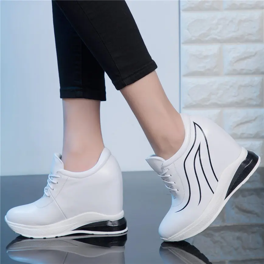 New Trainers Women Lace Up Genuine Leather Wedges High Heel Platform Pumps Shoes Female Round Toe Fashion Sneakers Casual Shoes