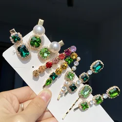 Hot Sell New Korean Vintage Green Crystal Hairpins Elegant Pearl Hair Clips For Women Fashion Summer Holiday Hair Accessories