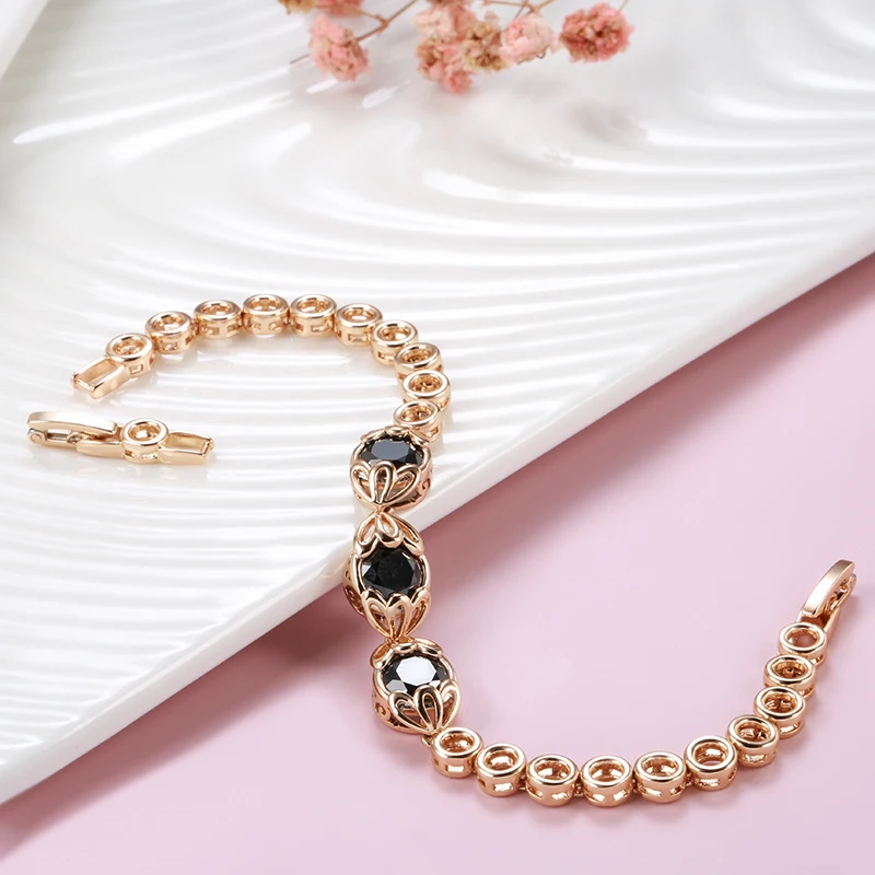 Kinel Fashion Ethnic Bride Black Natural Zircon Bracelet For Women Luxury 585 Rose Gold Vintage Wedding Fine Jewelry 2021 New