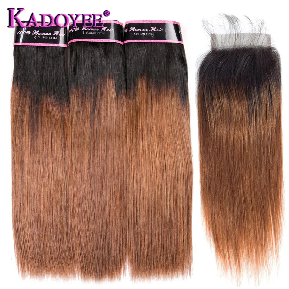 

Ombre Brazilian Hair Straight 1B/30 Brown Human Hair Weave Bundles With Closure 3+1 Bunldes Remy Hair Weft Extensions 10-26 Inch