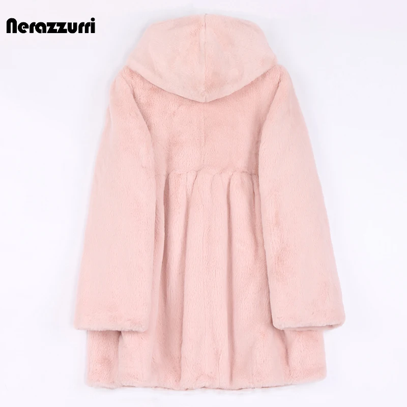 Nerazzurri Autumn Winter Pink Fluffy Soft Light Faux Fur Jacket Women with Hood High Waist Korean Fashion Clothing 2022 6xl 7xl