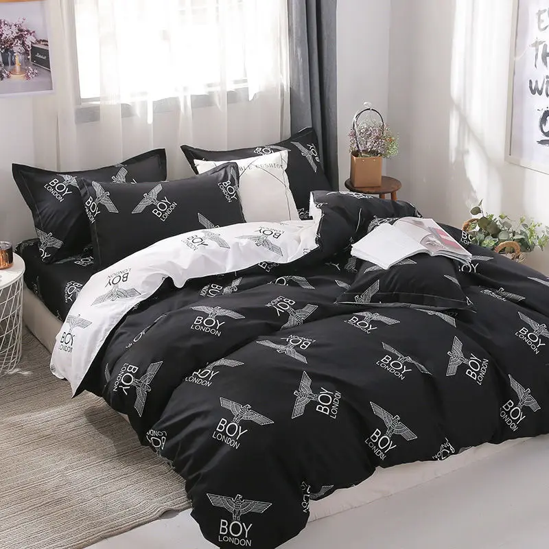 Egyptian Cotton Bedding Set, Black and White Stripe, 1.5m, 1.8m, 2.0m Bedsheet, Student Dormitories, King-S, 4 Piece Set