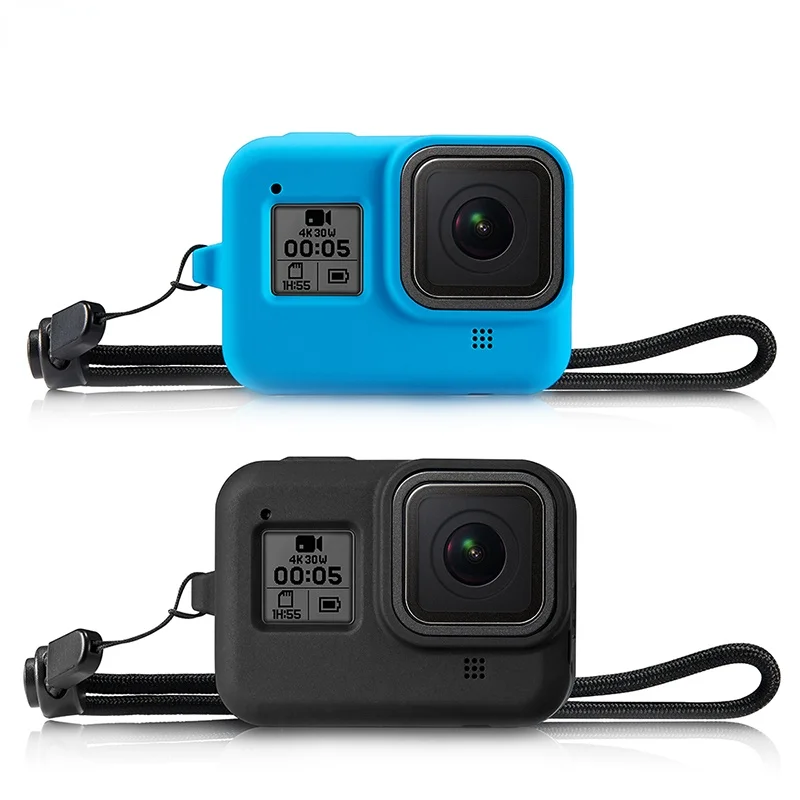 Silicone frame case Suitable  soft cover with Lanyard for for gopro 8 Black/Blue