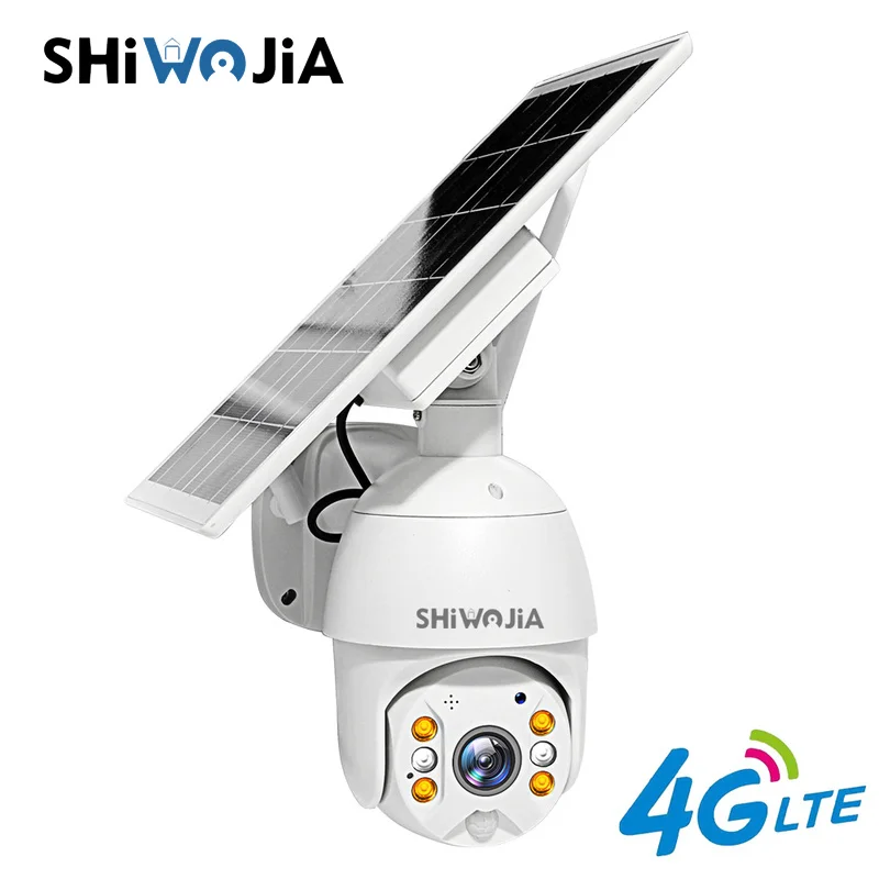 SHIWOJIA 4G SIM Version Solar Panel Camera PTZ 2MP HD Security Monitor Outdoor Smart Home Ranch Forest LED Alarm 4x Digital Zoom