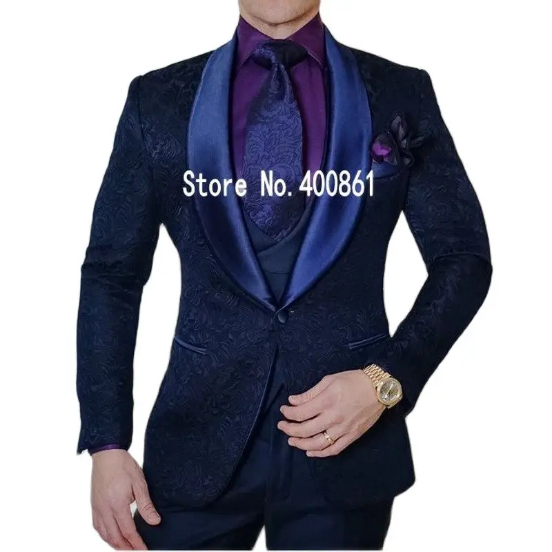 

Handsome Navy Blue Paisley Groom Tuxedos Shawl Collar Men's Evening Dress Toast Business Suits (Jacket+Pants+Vest+Tie) W:178