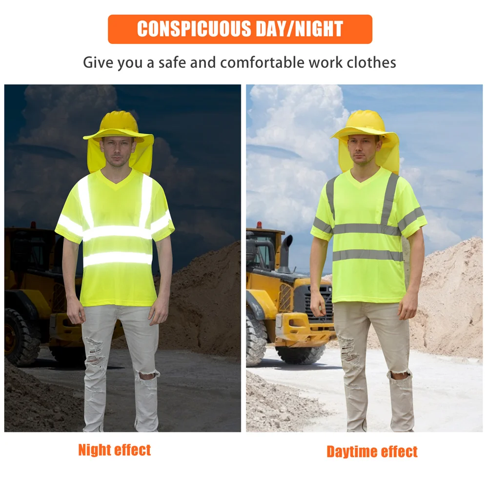 Aykrm oi vis t-camisa reflexiva segurança v pescoço secagem rápida ajuste workwear colete fluorescente amarelo trabalho topos engenheiro de