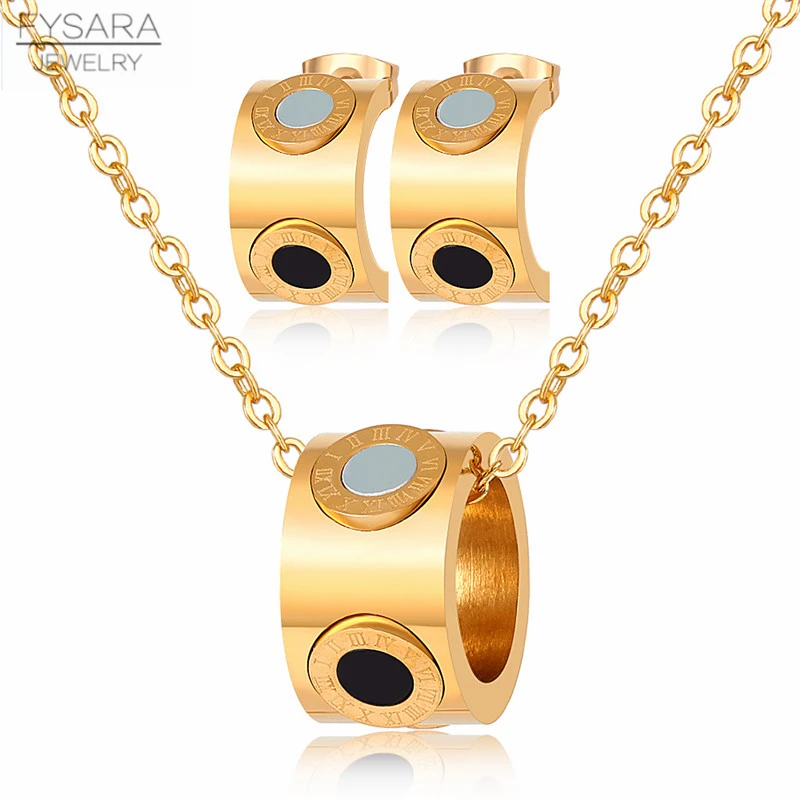 FYSARA Luxury Brand Round Roman Numercal Jewelry Set For Women Stainless Steel Black White Shell Earrings And Necklace Fashion