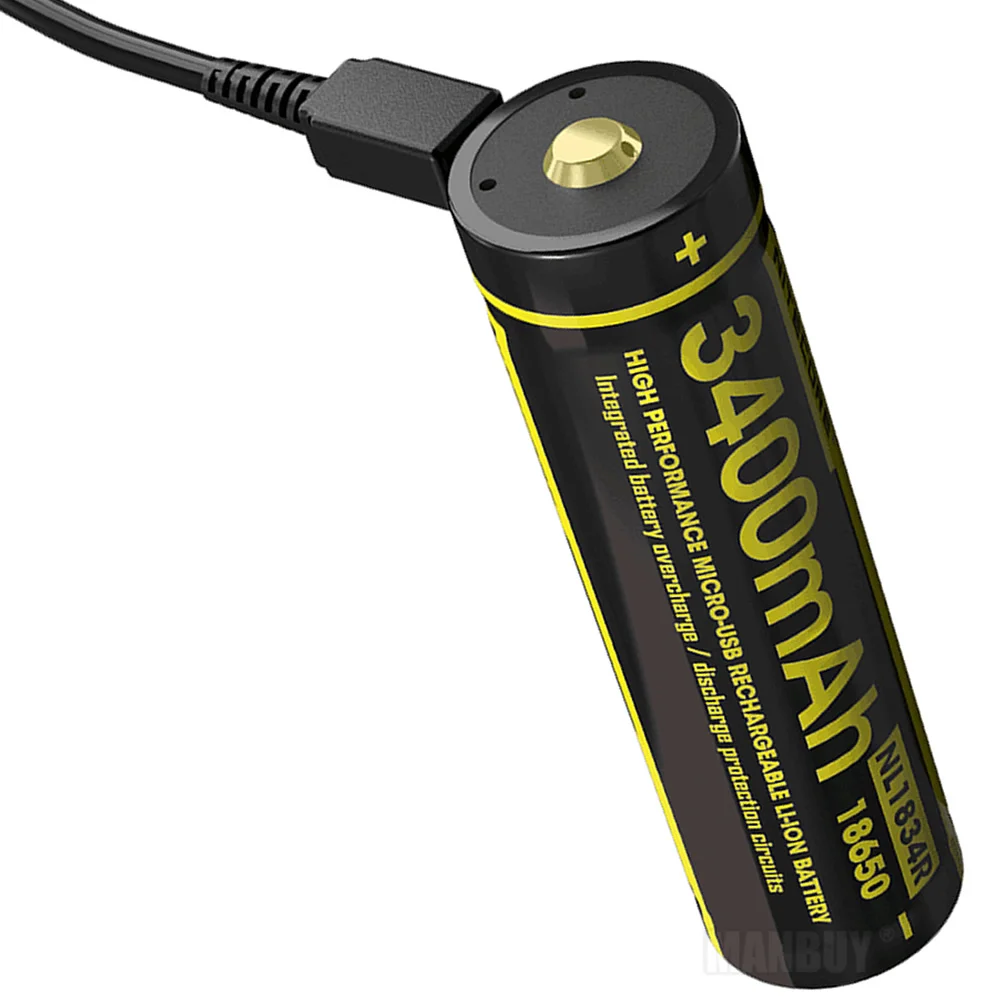 NITECORE NL1834R 3400mAh High Performance Micro-USB Rechargeable Li-ion Battery 12.24Wh 3.6V Button Top 18650 Protected