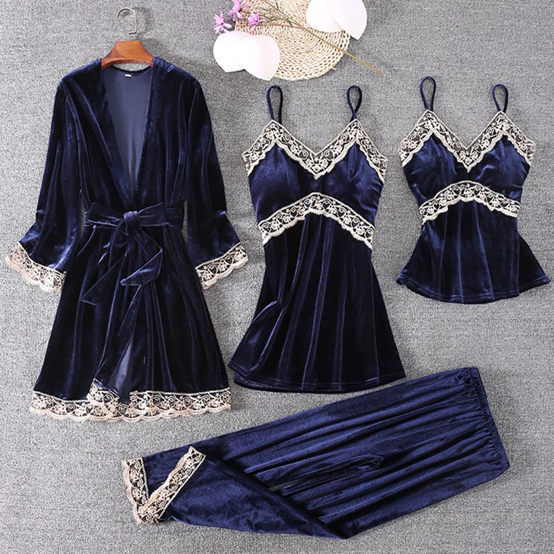 4PCS Robe Suit Sexy Ladies Kimono Bathrobe Gown 2020 Winter New Sleepwear Nightgown Soft Velour Nightdress Intimate Lingerie