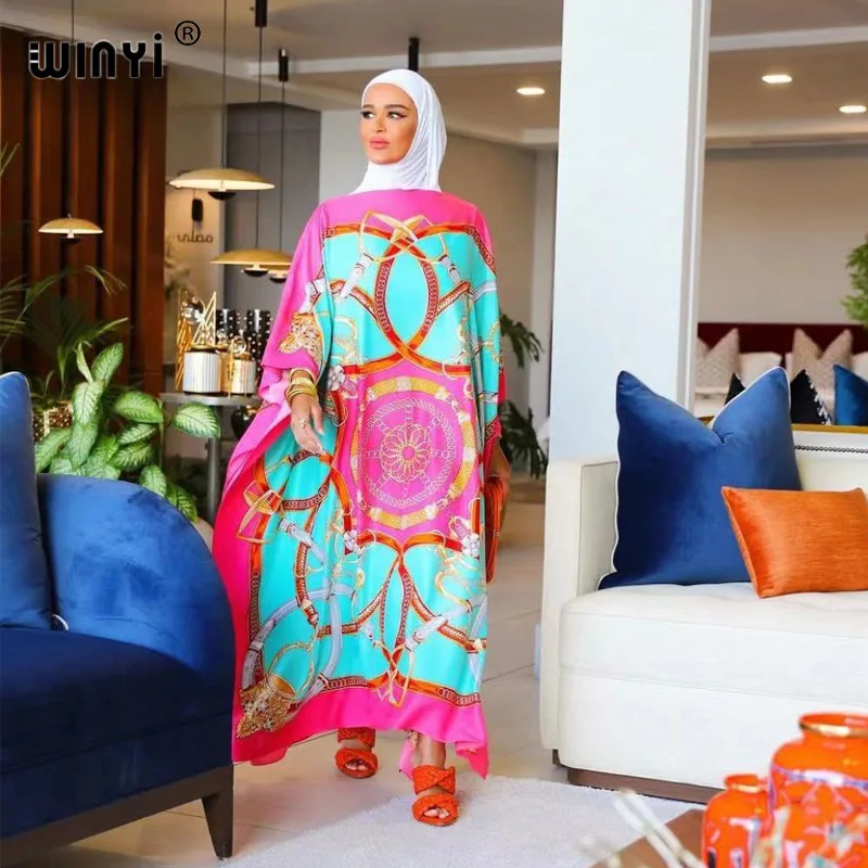 Africa Fashion Blogger Recommend Popular printed Silk Kaftan Maxi dresses Loose Summer Beach Bohemian kaftan long dress for lady