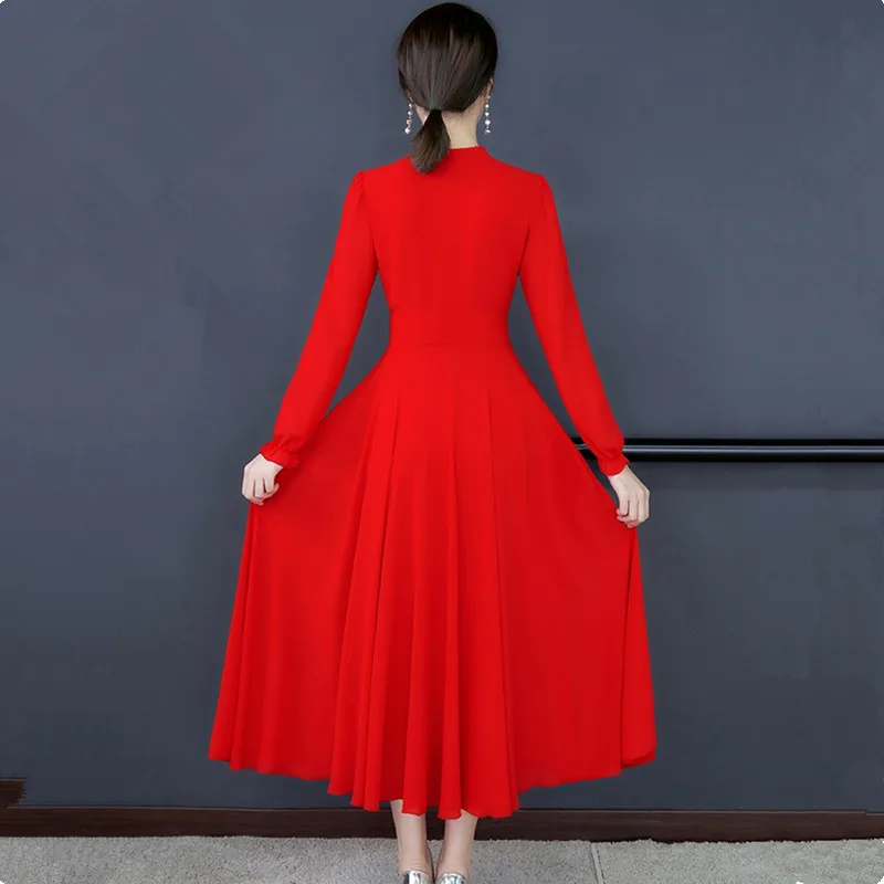 UHYTGF Fashion Chiffon Spring Dress Women Big Swing Temperament Female Long Dress Red Black Ladies Elegant Big Size Dresses 1422