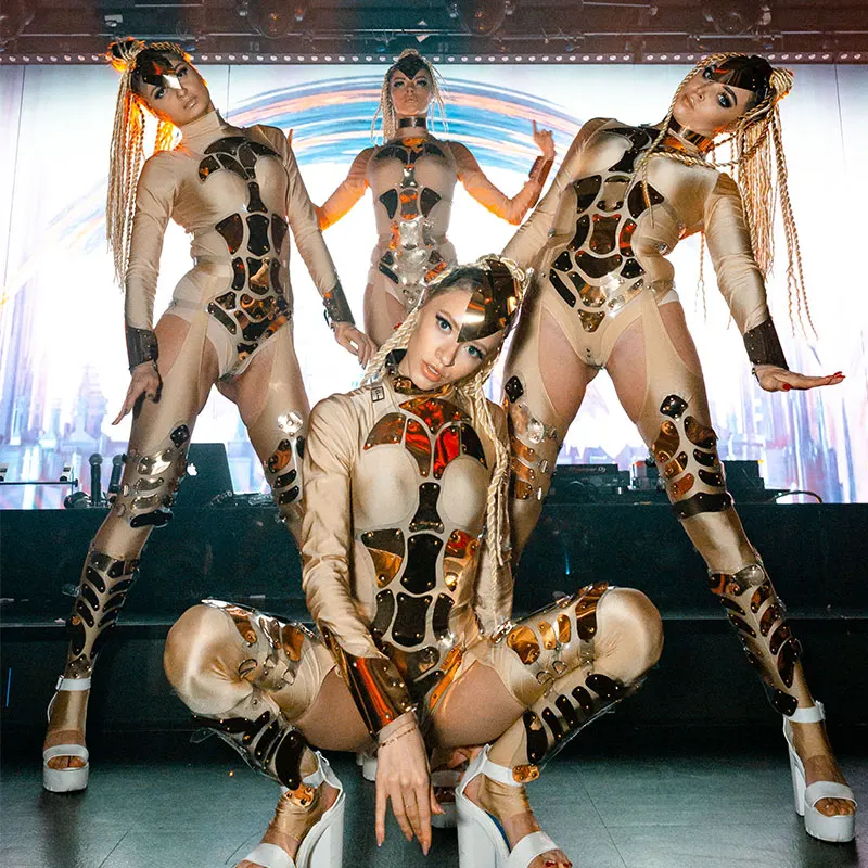 

Gold mirror bodysuit sexy party girl dance jumpsuit burning man festival stage singer gogo dancer costume