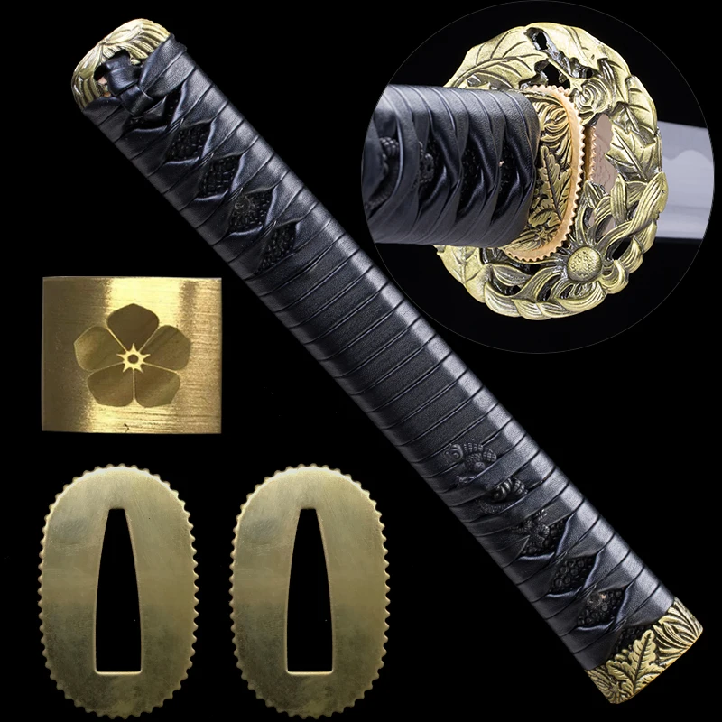 

Katana Handle Set Wrapped With Black Fake Leather Bronze Tsuba/Fuchi/Kashira Brass Engraving Habaki Japanese Katana Accessories