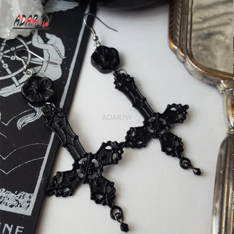 Gothic Black Inverted Cross Earrings Alternative Large Statement Trad Goth Witchy Victorian Jewelry Fashion Women Gift Medieval