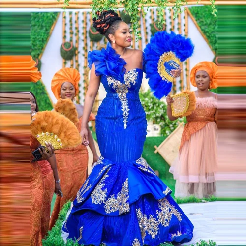 Gaun Malam Afrika Biru Royal Mewah Putri Duyung Ukuran Besar Lengan Panjang Applique Aso Ebi Gaun Pesta Prom 2021