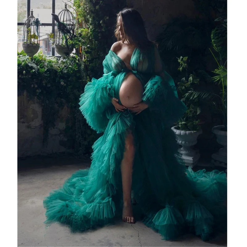 Illusion Ruffles Pregnant Women Photoshoot Dress Green Winter Kimono Party Prom Gowns Sleepwear Bathrobe Ladies Nightgown Robe