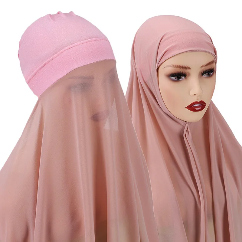 

2021 Chiffon Hijab Scarf Under Cap 2 in 1 Muslim Veil Scarves Women Islam Underscarf Headscarf Fashion Turban Headband Headwrap