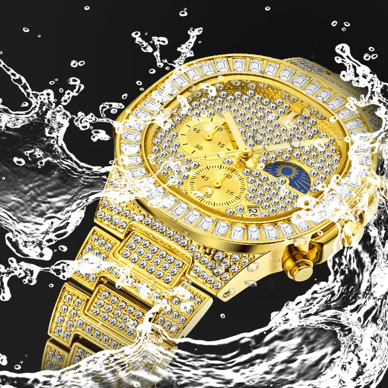 MISSFOX Man Watch Luxury Brand Stainless Steel Silver Watches aaa Ice Out Waterproof Hip Hop Wristwatch Jewelry For Men Gift
